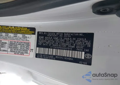 2005 Toyota Camry Solara Sle V6 z USA, uszkodzony, nr VIN 4T1CA30P65U047912